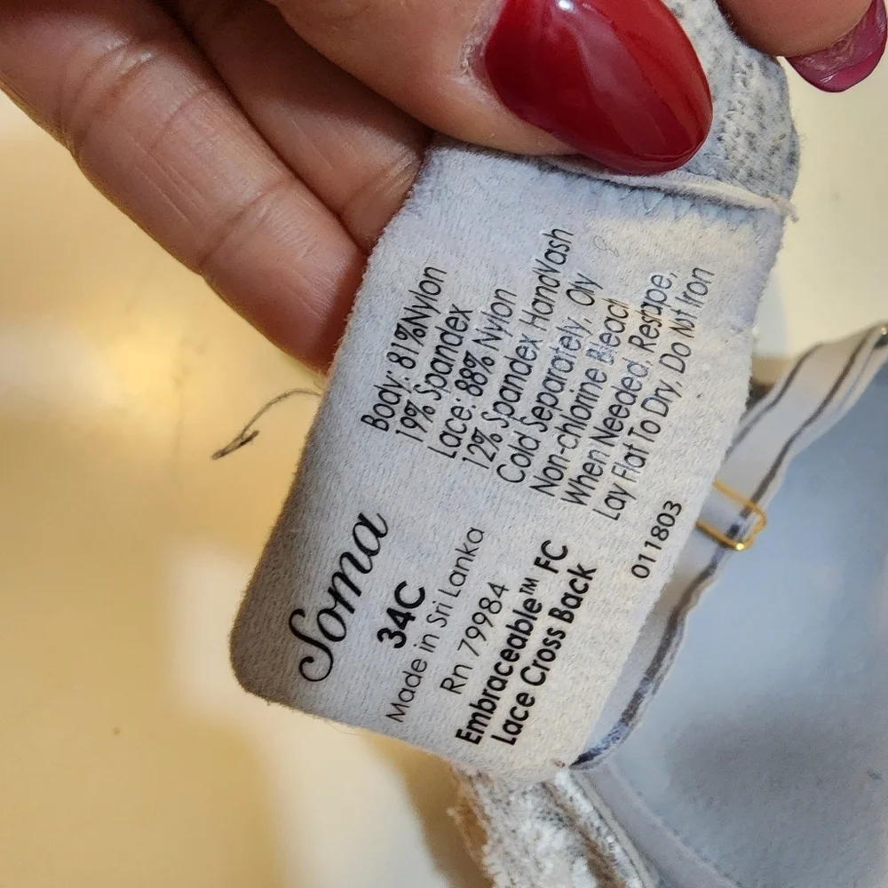 Soma Gray and Cream Lace Trim Bra Full Coverage 34c